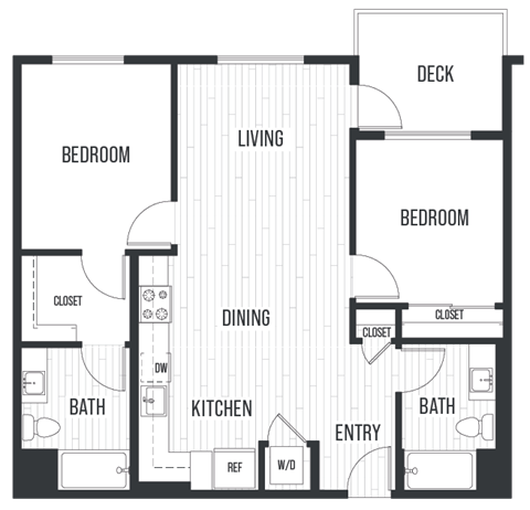 Floor plan 2A. Two bedroom, two bath at Sixth & Jackson Apartments in Japantown, San Jose.